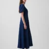 Maxijurk van denim met pofmouwtjes en knoopsluiting aan de voorkant