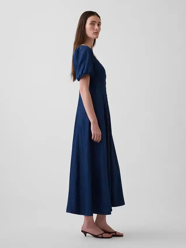 Maxijurk van denim met pofmouwtjes en knoopsluiting aan de voorkant