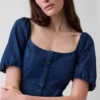 Maxijurk van denim met pofmouwtjes en knoopsluiting aan de voorkant