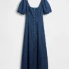 Maxijurk van denim met pofmouwtjes en knoopsluiting aan de voorkant