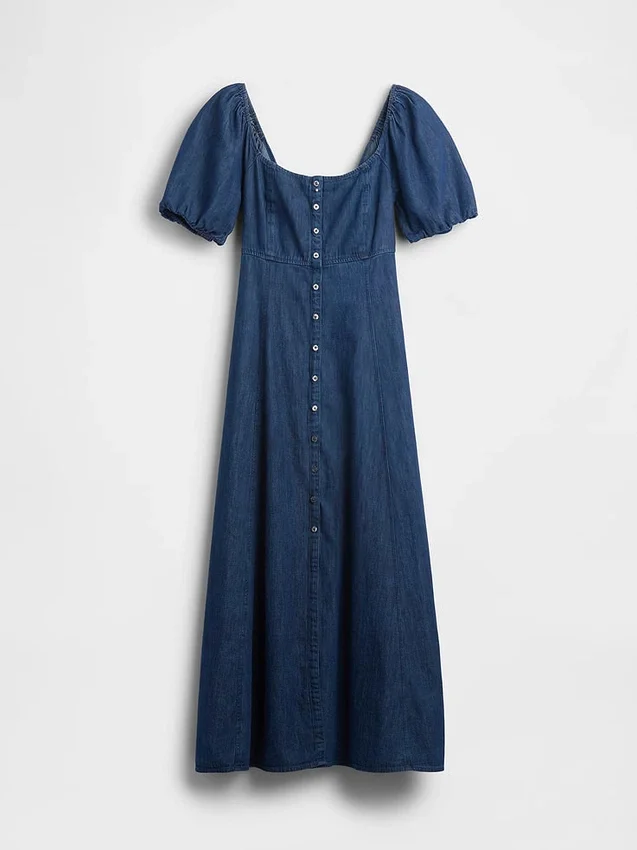 Maxijurk van denim met pofmouwtjes en knoopsluiting aan de voorkant