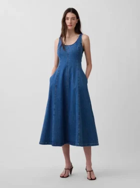 Maxijurk van denim met ronde hals