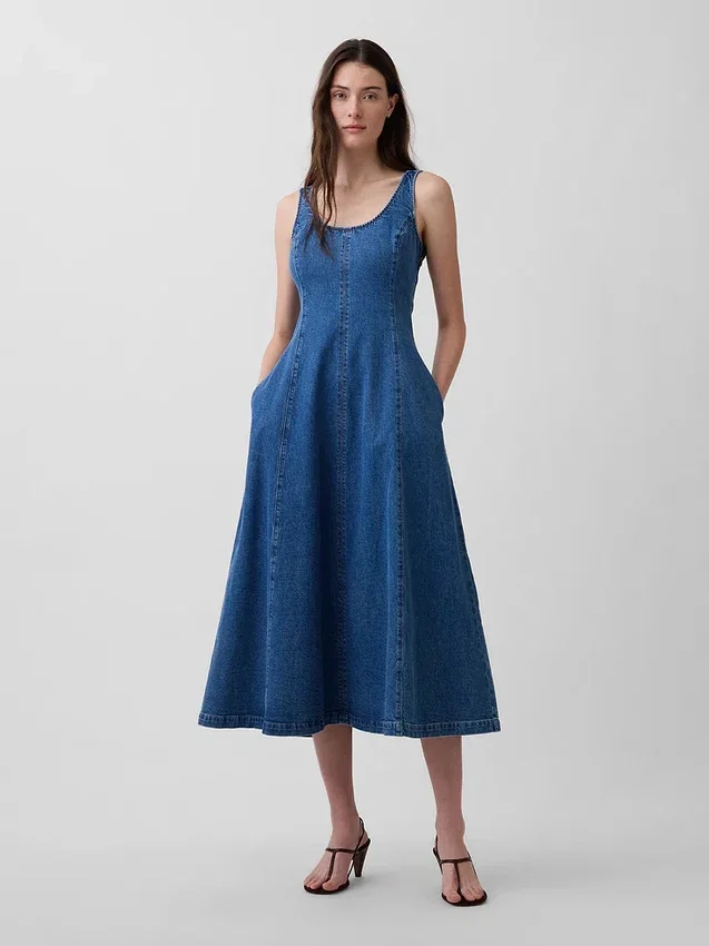 Maxijurk van denim met ronde hals
