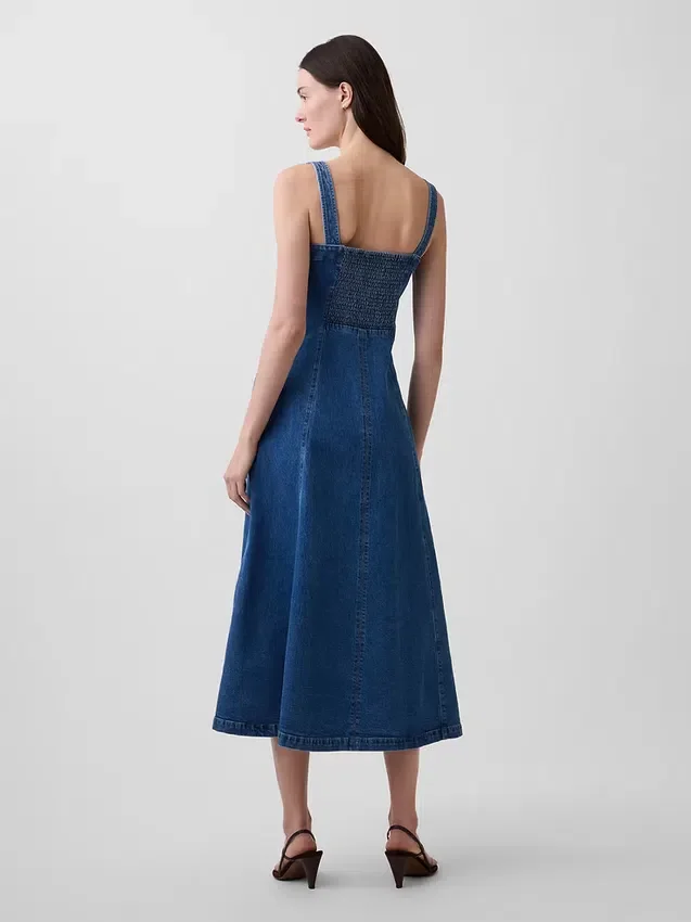 Maxijurk van denim met ronde hals
