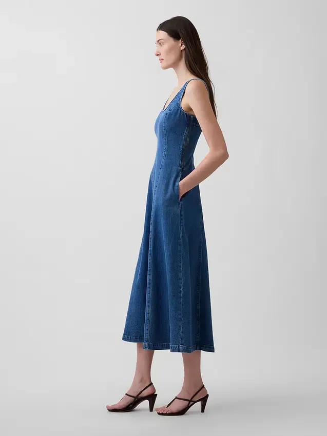 Maxijurk van denim met ronde hals