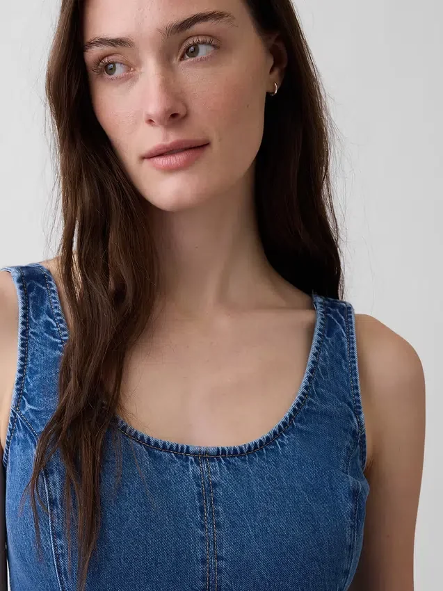 Maxijurk van denim met ronde hals