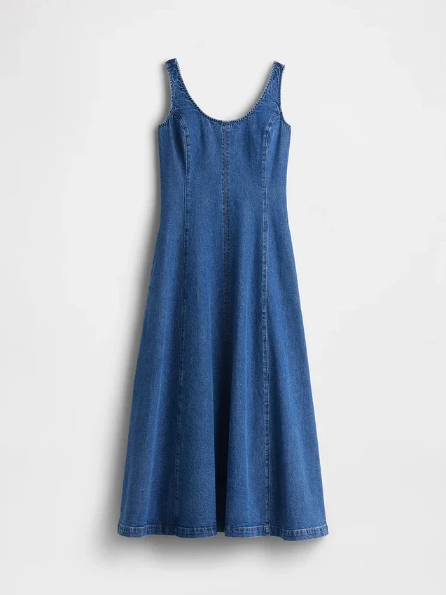 Maxijurk van denim met ronde hals