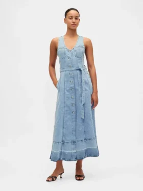 Maxijurk van denim met strikriem en knopen aan de voorkant