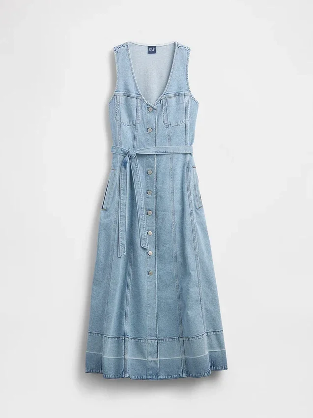 Maxijurk van denim met strikriem en knopen aan de voorkant