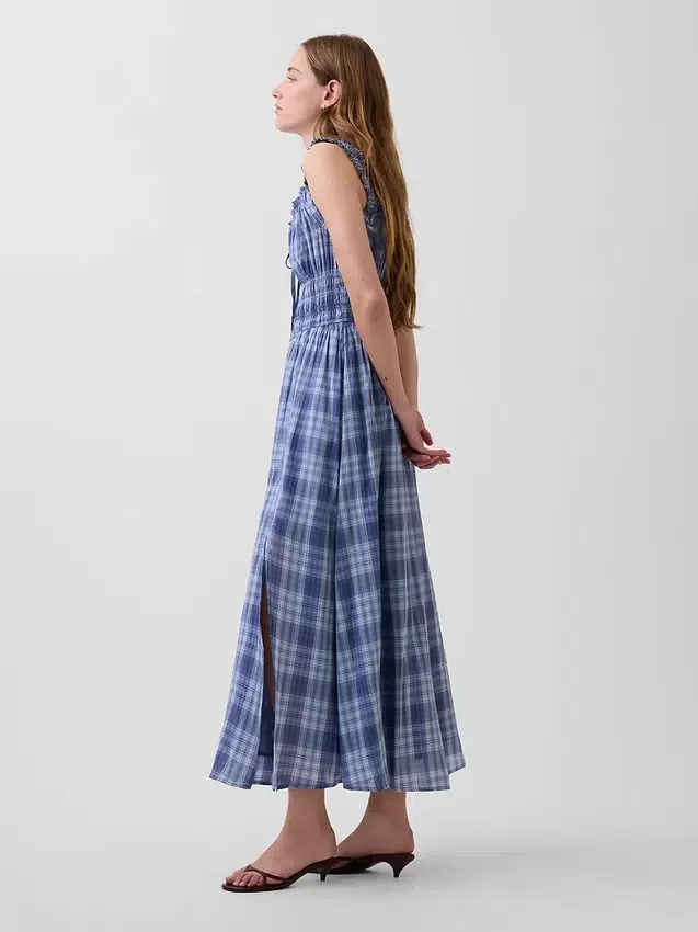 Maxijurk van geruite voile met gesmokte taille