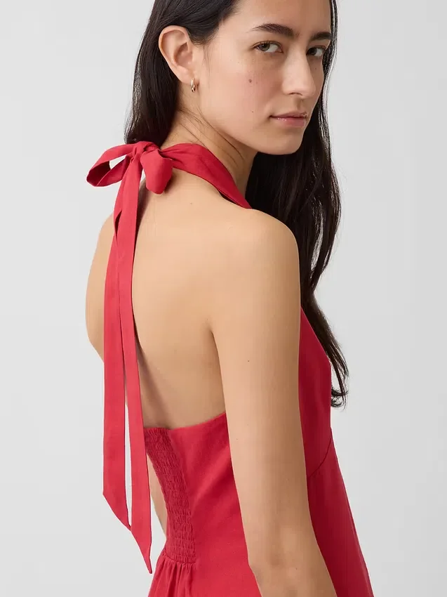 Maxijurk van linnenmix met halternek