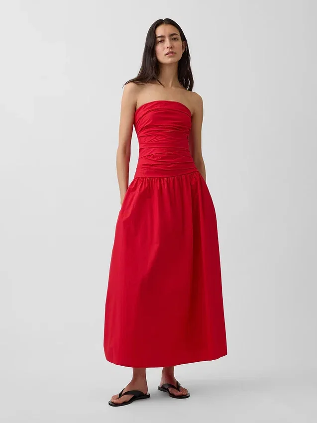 Maxijurk van popeline met lage taille