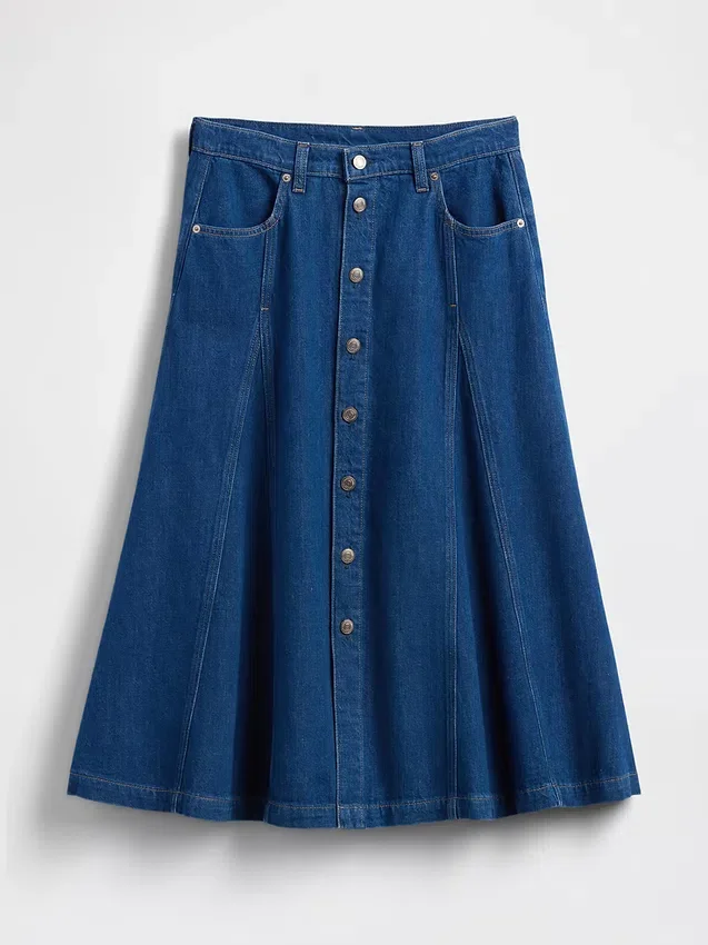 Maxirok van denim met naden en knoopsluiting aan de voorkant