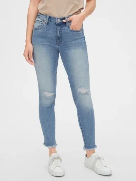 Mid-rise distressed true skinny enkellange Jeans