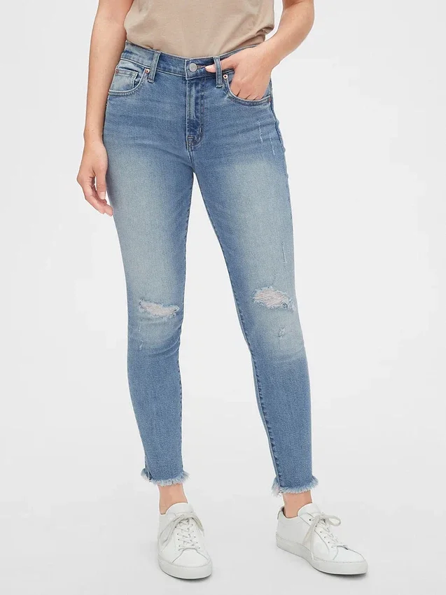 Mid-rise distressed true skinny enkellange Jeans