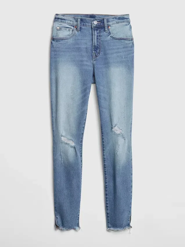 Mid-rise distressed true skinny enkellange Jeans