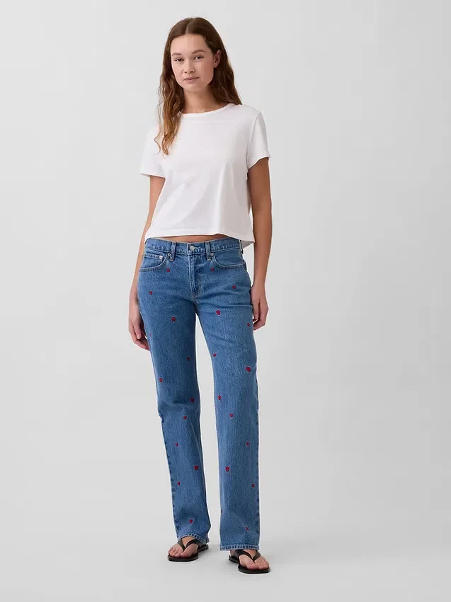 Mid-rise geborduurde, relaxte rechte Jeans