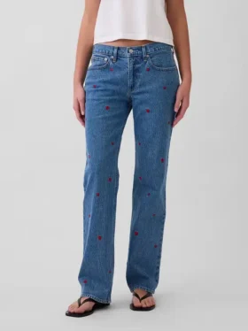 Mid-rise geborduurde, relaxte rechte Jeans