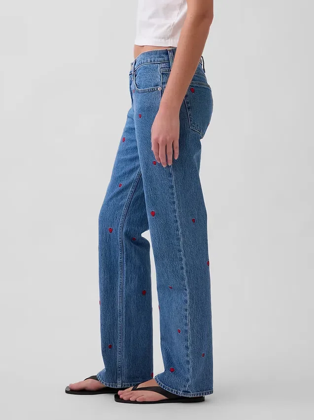 Mid-rise geborduurde, relaxte rechte Jeans