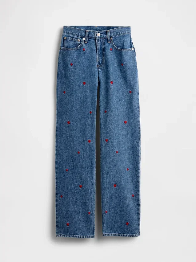 Mid-rise geborduurde, relaxte rechte Jeans