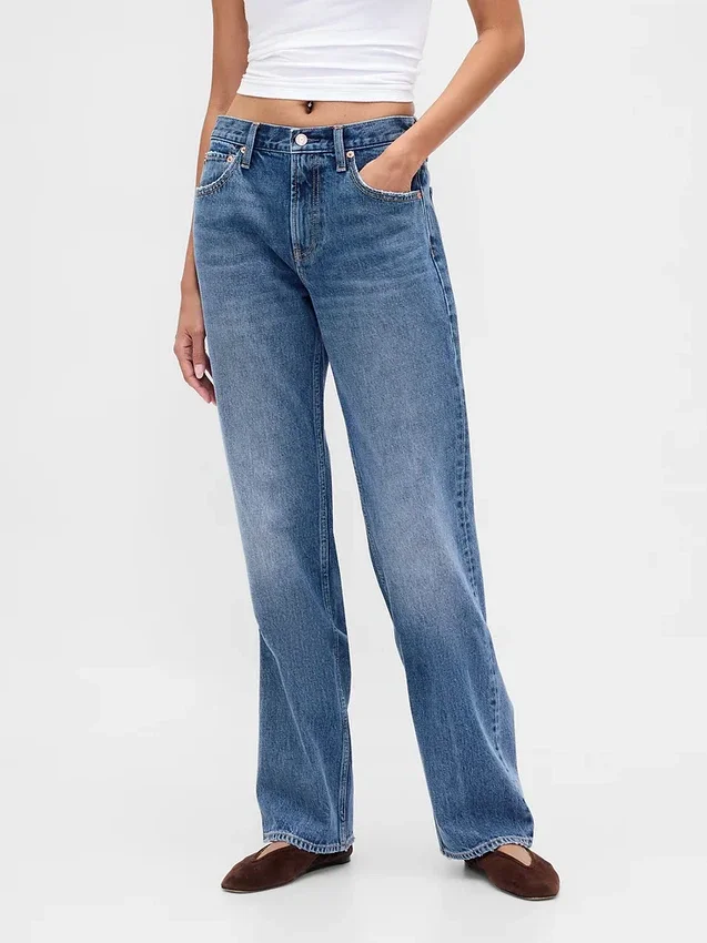Mid-rise, stijve, relaxte rechte Jeans