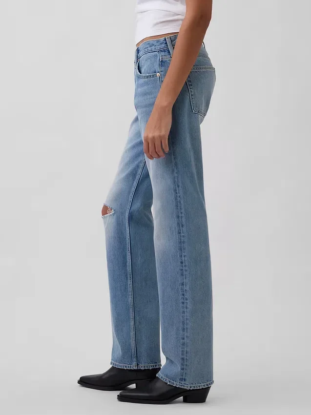 Mid-rise, stijve, relaxte rechte Jeans