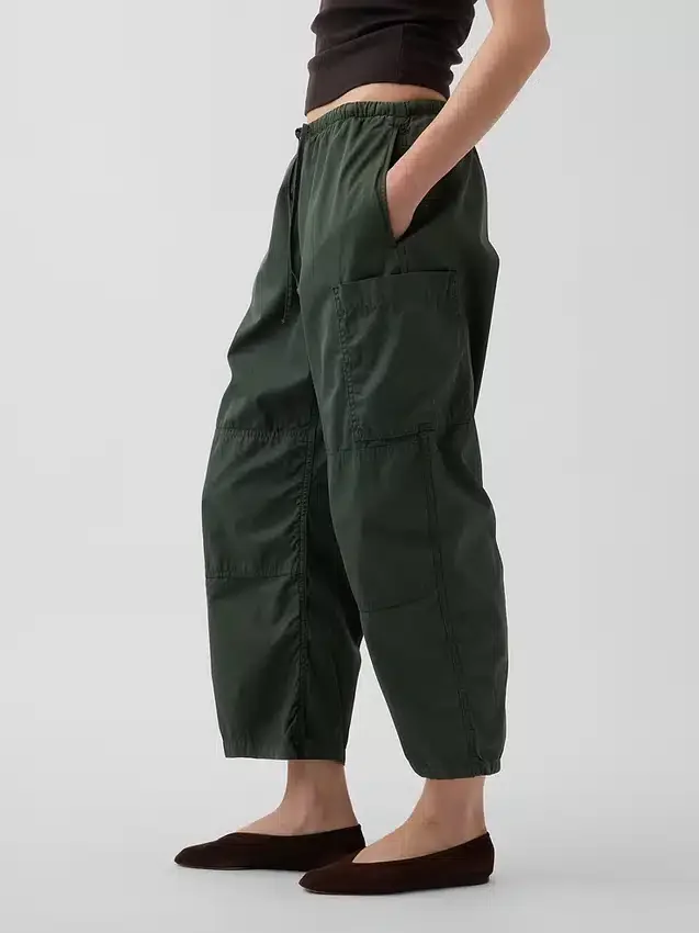 Mid-rise twill utility-broek met wijd uitlopende pijpen