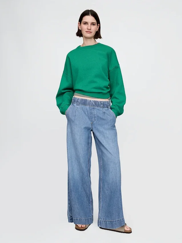 Mid-rise ultrazachte geplooide, comfortabele baggy Jeans