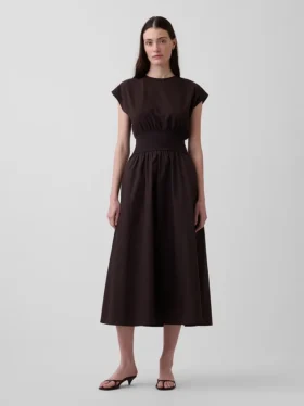 Midi-jurk met verlaagde taille van gemengde materialen