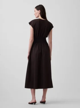 Midi-jurk met verlaagde taille van gemengde materialen