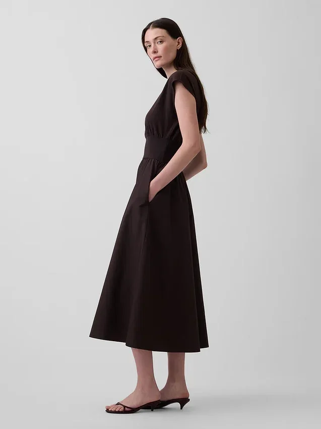 Midi-jurk met verlaagde taille van gemengde materialen