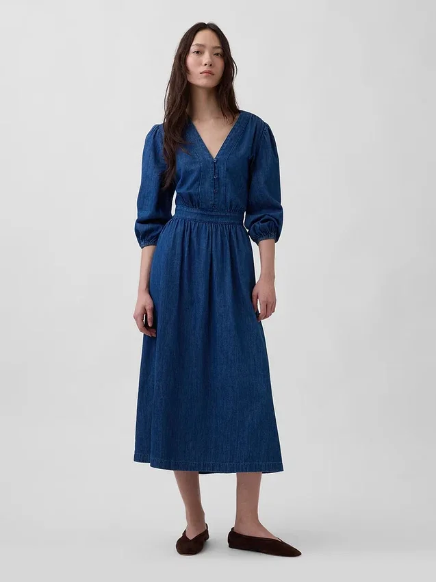 Midi-jurk van denim met ingezette taille
