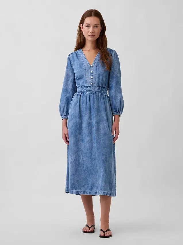 Midi-jurk van denim met ingezette taille