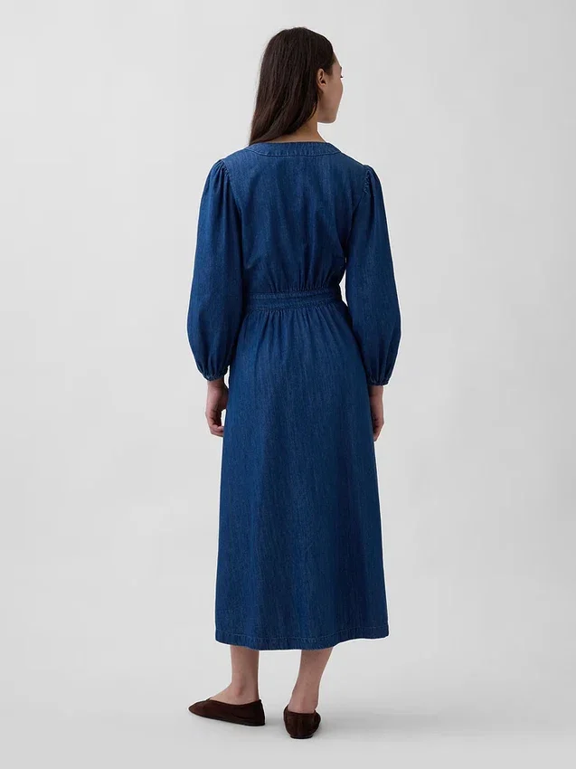 Midi-jurk van denim met ingezette taille