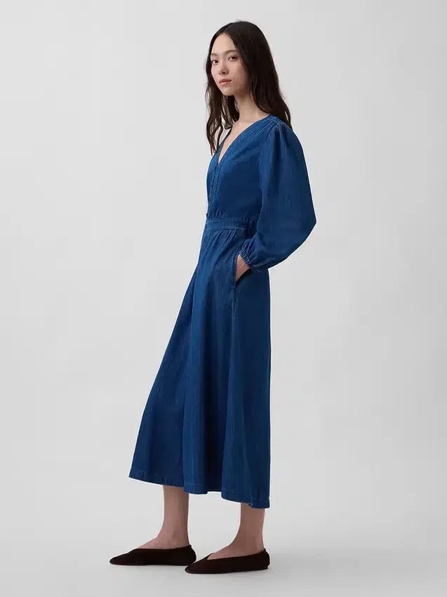 Midi-jurk van denim met ingezette taille