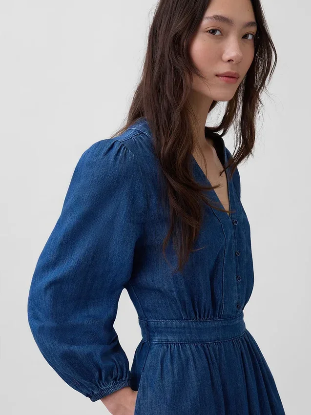 Midi-jurk van denim met ingezette taille