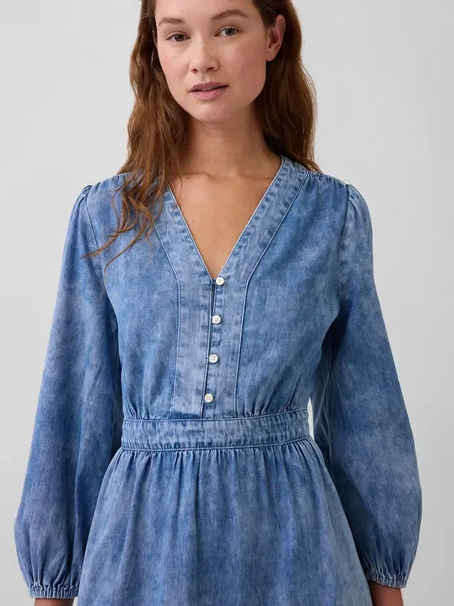 Midi-jurk van denim met ingezette taille