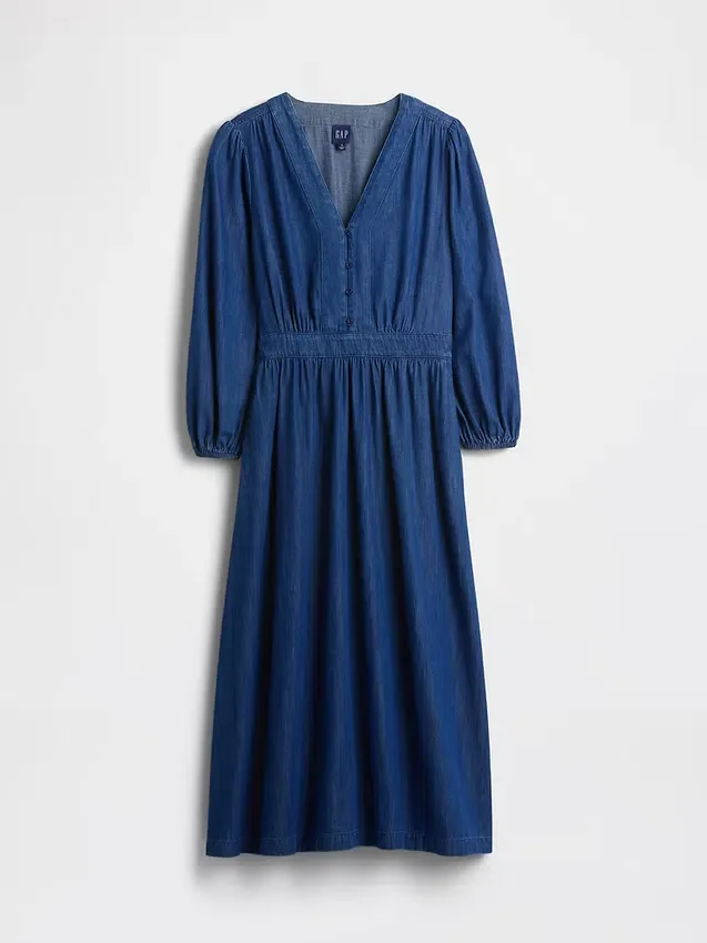 Midi-jurk van denim met ingezette taille