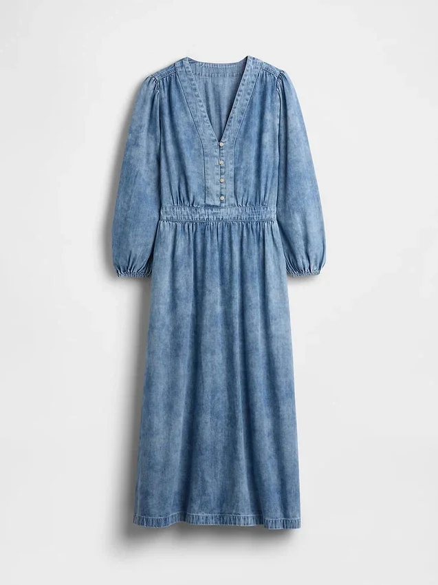 Midi-jurk van denim met ingezette taille