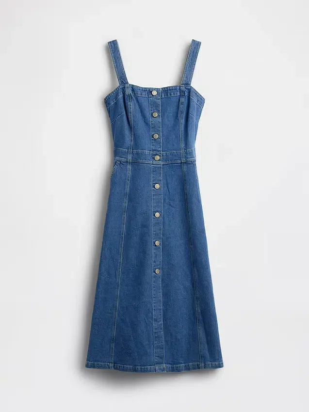 Midi-jurk van denim met knoopsluiting aan de voorkant