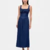 Midi-jurk van denim met laaggetailleerd korset