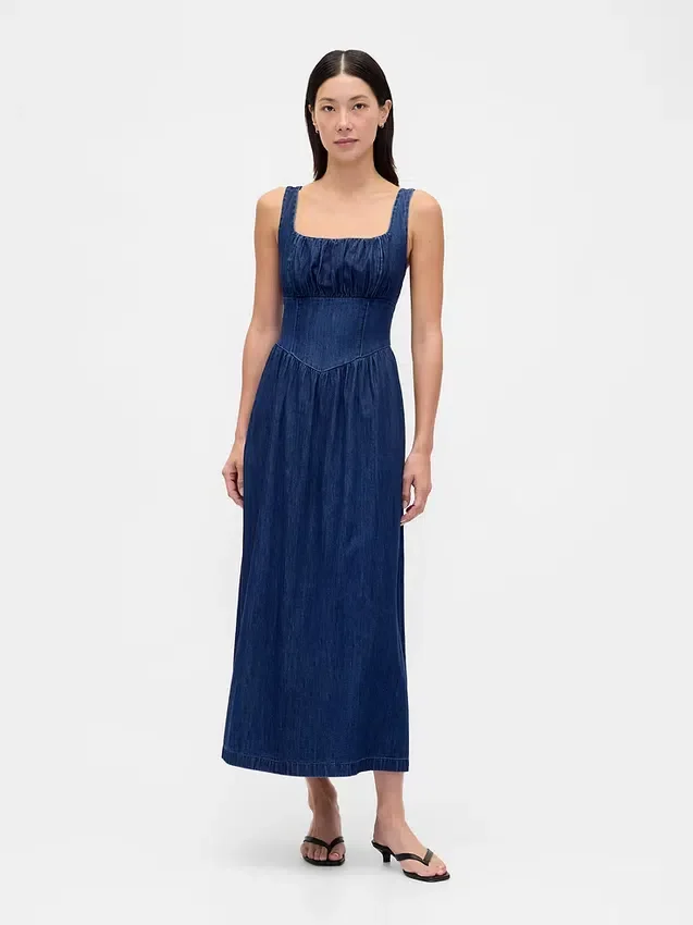Midi-jurk van denim met laaggetailleerd korset