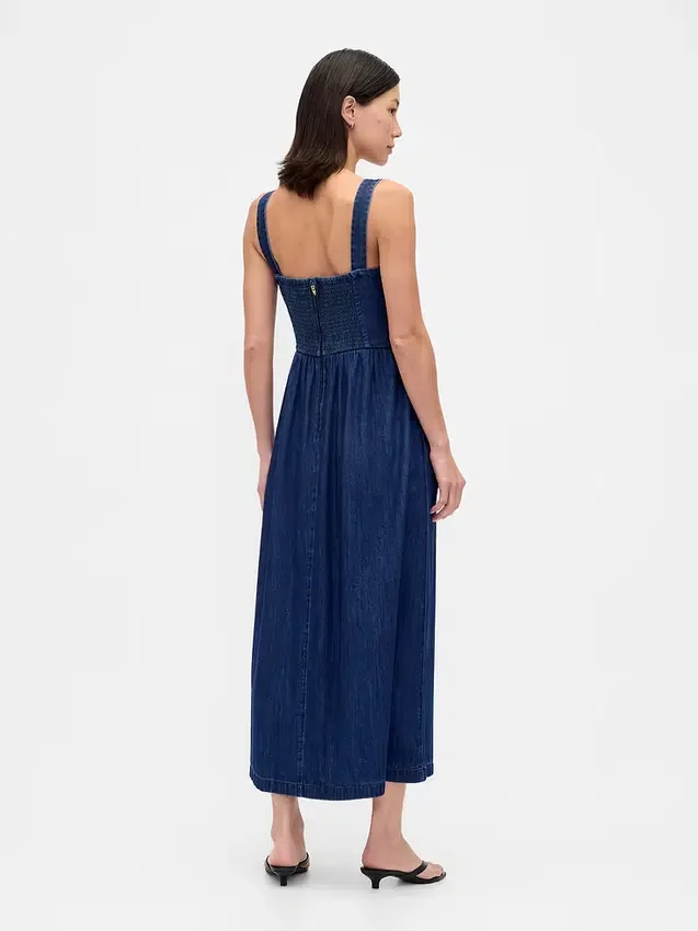 Midi-jurk van denim met laaggetailleerd korset