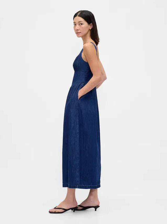 Midi-jurk van denim met laaggetailleerd korset