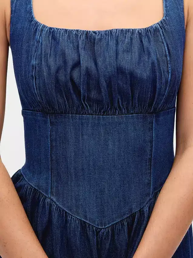 Midi-jurk van denim met laaggetailleerd korset