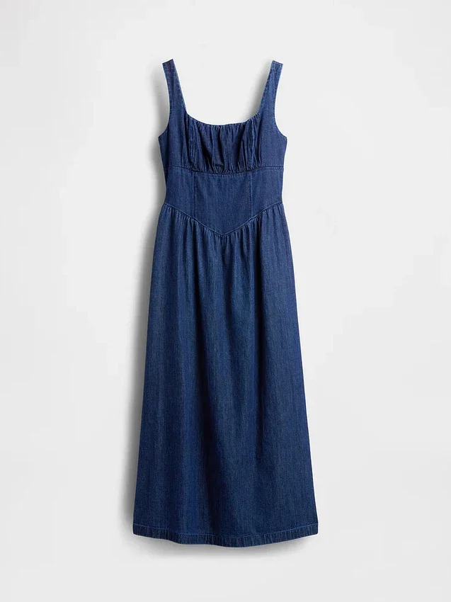 Midi-jurk van denim met laaggetailleerd korset