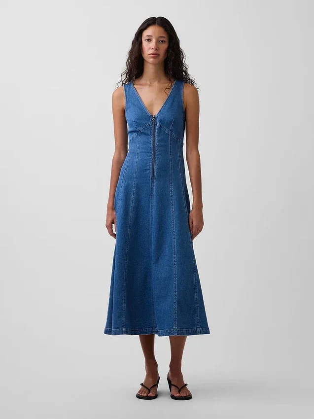 Midi-jurk van denim met naad en ritssluiting aan de voorkant