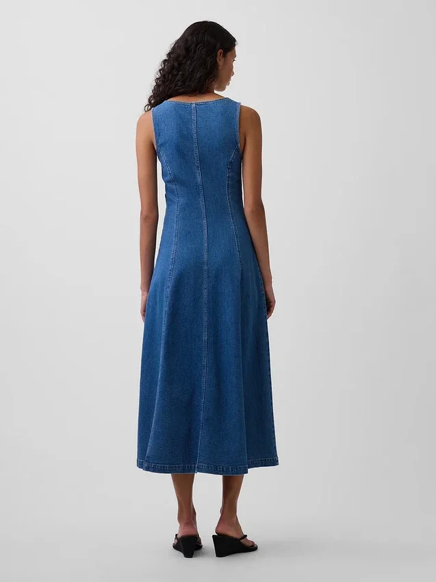 Midi-jurk van denim met naad en ritssluiting aan de voorkant