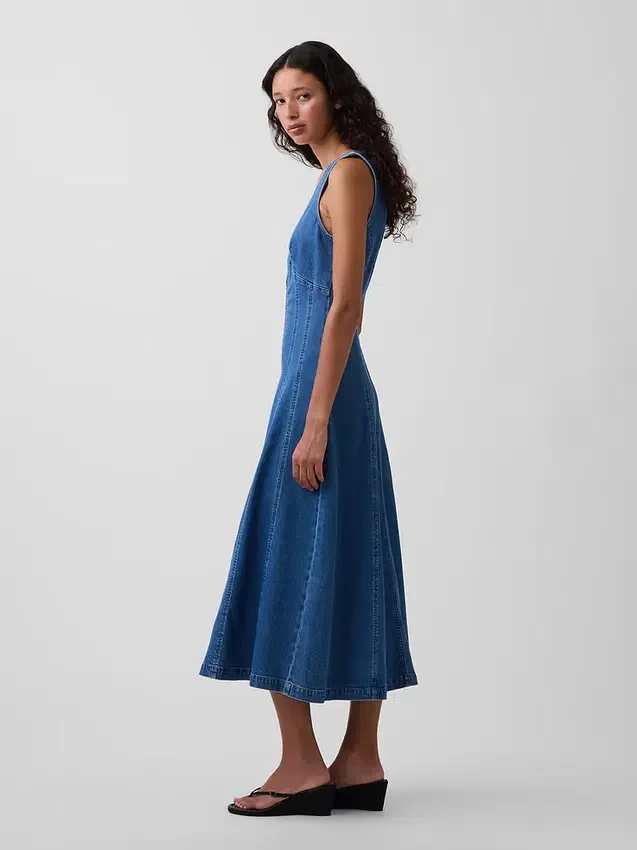 Midi-jurk van denim met naad en ritssluiting aan de voorkant