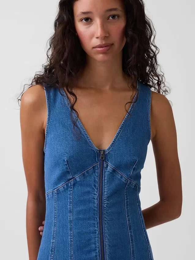 Midi-jurk van denim met naad en ritssluiting aan de voorkant